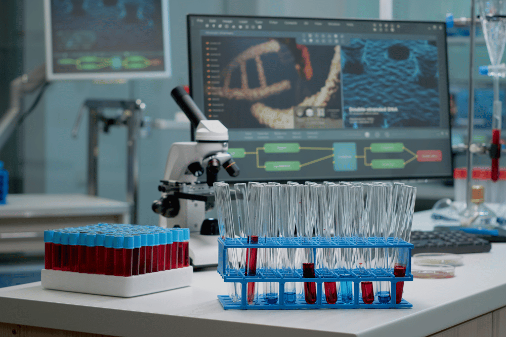 A laboratory with a computer monitor and a microscope